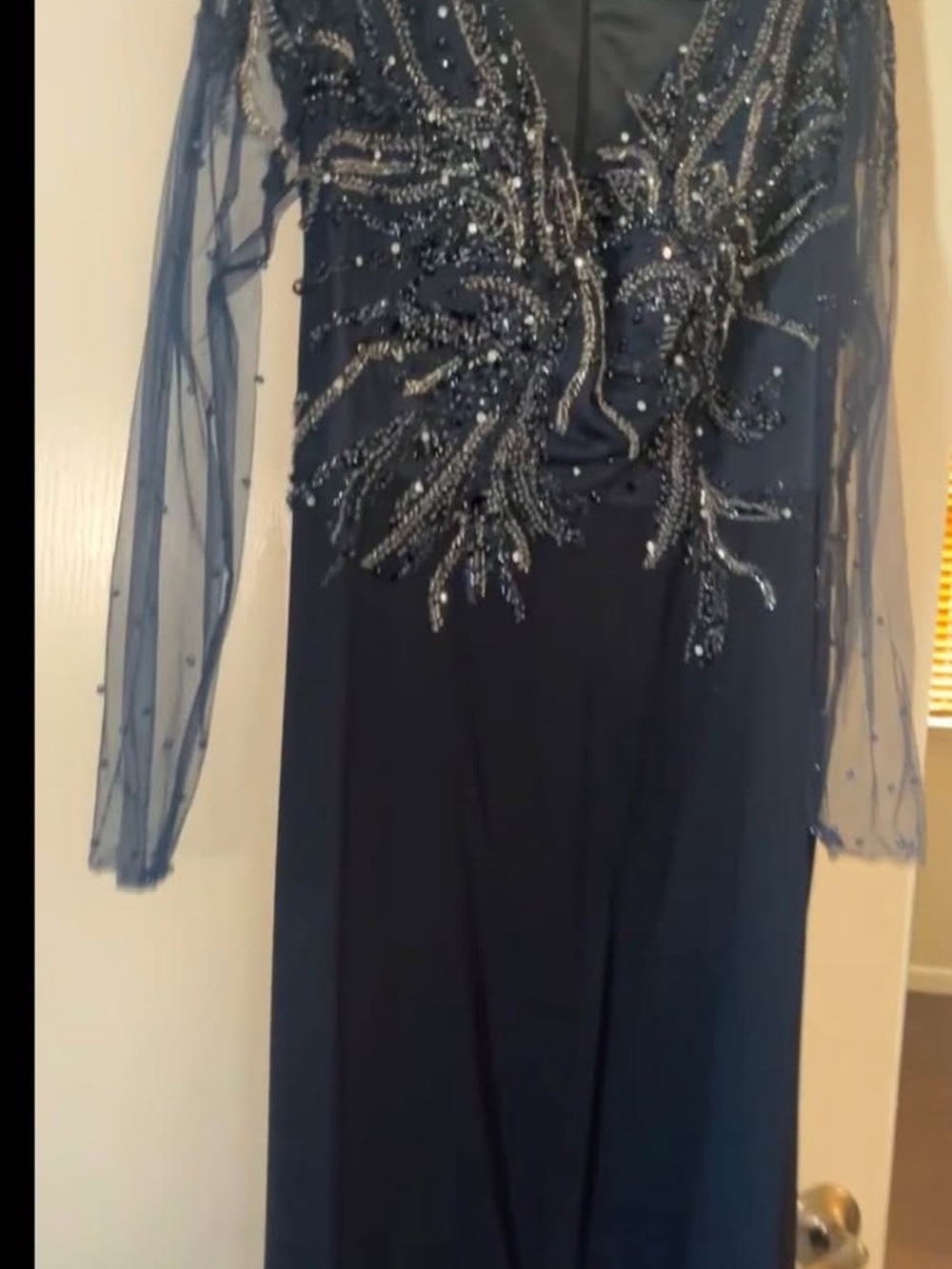 LARA Navy Beaded Long Sleeve Evening Dress